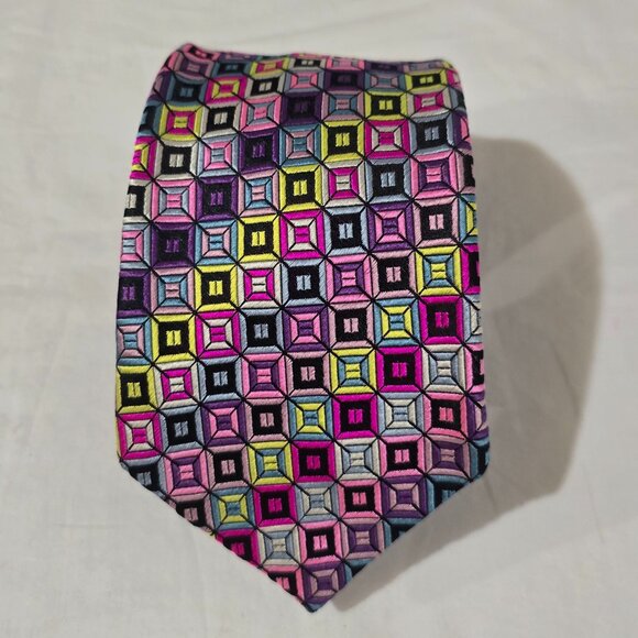Duchamp London Hand Made England Silk Necktie Multi Square Geo  3 5/8" x 59 1/2" - Picture 1 of 6